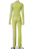Green Casual Solid Color Buttons Turndown Collar Long Sleeve Two Pieces