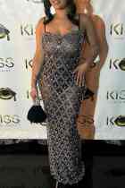 Black Sexy Patchwork Hot Drilling See-Through Backless Spaghetti Strap Evening Dresses