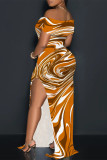 Green Yellow Sexy Striped Print Slit Contrast Off Shoulder Printed Dresses