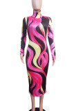 Purple Elegant Print Patchwork Half A Turtleneck Wrapped Skirt Dresses