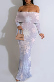 Gray Pink Sexy Floral Print Contrast Off Shoulder One Step Skirt Dresses