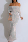 Gray Pink Sexy Floral Print Contrast Off Shoulder One Step Skirt Dresses