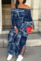 Dark Blue Sexy Faux Denim Print Slit Off Shoulder Printed Dresses