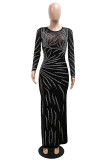 Blue Sexy Patchwork Hot Drilling See-Through O Neck Evening Dresses