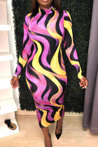 Gold Elegant Print Patchwork Half A Turtleneck Wrapped Skirt Dresses