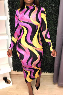 Gold Elegant Print Patchwork Half A Turtleneck Wrapped Skirt Dresses