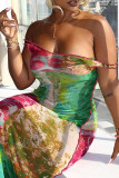 Green Elegant Print Patchwork Backless U Neck Long Dresses