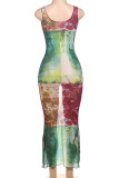 Green Elegant Print Patchwork Backless U Neck Long Dresses