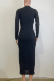 Black Elegant Solid Color Buckle Patchwork O Neck Long Dresses