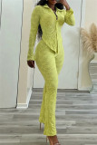 Green Casual Solid Color Buttons Turndown Collar Long Sleeve Two Pieces