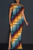 Green Yellow Sexy Striped Print Slit Contrast Off Shoulder Printed Dresses