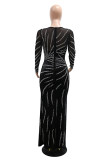 Blue Sexy Patchwork Hot Drilling See-Through O Neck Evening Dresses
