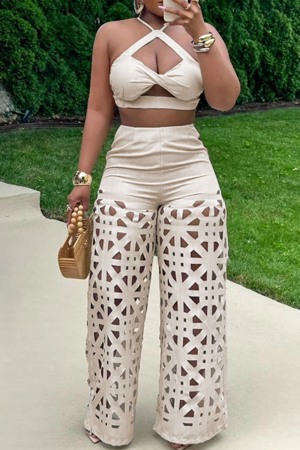 Apricot Sexy Casual Solid Color Hollow Out Backless Spaghetti Strap Sleeveless Two Pieces