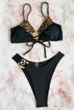 Black Sportswear Leopard Print Hollow Out Patchwork Strap Design Swimwears(With Paddings)