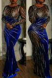 Blue Sexy Patchwork Hot Drilling See-Through O Neck Evening Dresses