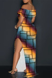 Green Yellow Sexy Striped Print Slit Contrast Off Shoulder Printed Dresses