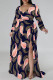Black Pink Sexy Floral Print The stars Lace Up Contrast V Neck Printed Plus Size Dresses