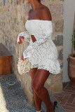 White Sexy Solid Color Hollow Out Patchwork Backless Strap Design Off Shoulder Wrapped Skirt Dresses