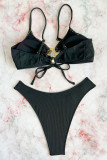 Black Sportswear Leopard Print Hollow Out Patchwork Strap Design Swimwears(With Paddings)