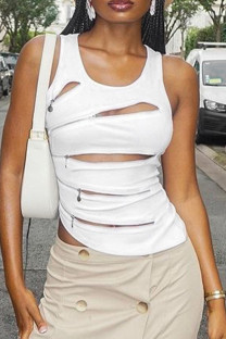 White Sexy Solid Color Patchwork Zipper O Neck Tops