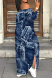 Baby Blue Sexy Faux Denim Print Slit Off Shoulder Printed Dresses