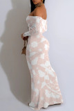 Gray Pink Sexy Floral Print Contrast Off Shoulder One Step Skirt Dresses
