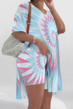 Yellow Purple Casual Street Tie Dye Print Slit Contrast V Neck Short Sleeve Two Pieces