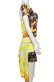 Yellow Sexy Print Patchwork O Neck Short Sleeve Two Pieces