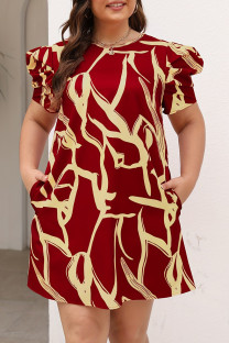 Red Casual Print Patchwork O Neck Straight Plus Size Dresses
