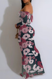 Gray Pink Sexy Floral Print Contrast Off Shoulder One Step Skirt Dresses