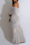 Gray Pink Sexy Floral Print Contrast Off Shoulder One Step Skirt Dresses