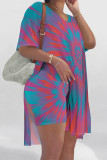 Yellow Purple Casual Street Tie Dye Print Slit Contrast V Neck Short Sleeve Two Pieces