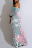 Gray Pink Sexy Floral Print Contrast Off Shoulder One Step Skirt Dresses