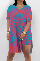 Blue Purple Casual Street Tie Dye Print Slit Contrast V Neck Short Sleeve Two Pieces