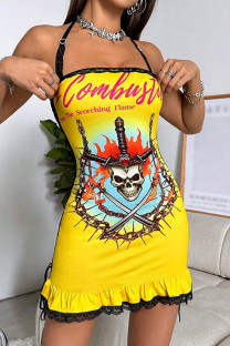 Yellow Sexy Print Lace Patchwork Backless Cross Straps Halter Wrapped Skirt Dresses