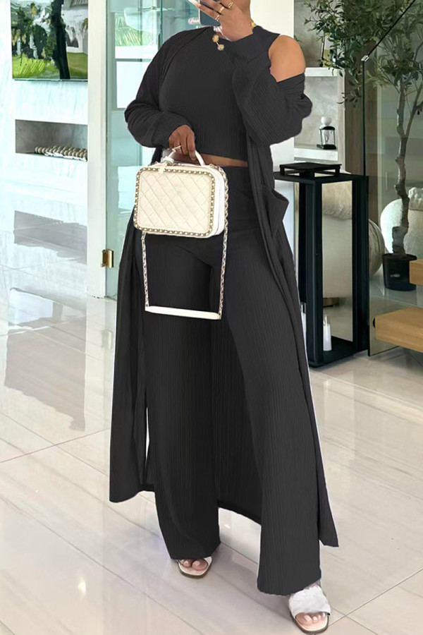 Black Casual Solid Color Basic O Neck Long Sleeve Two Pieces