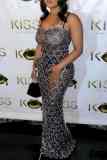 Black Sexy Patchwork Hot Drilling See-Through Backless Spaghetti Strap Evening Dresses