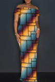 Green Yellow Sexy Striped Print Slit Contrast Off Shoulder Printed Dresses