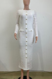 Black Elegant Solid Color Buckle Patchwork O Neck Long Dresses