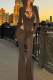 Brownness Casual Solid Color Hollow Out Patchwork Backless Hooded Regular Jumpsuits