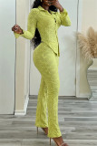 Green Casual Solid Color Buttons Turndown Collar Long Sleeve Two Pieces