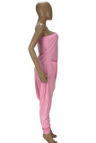 Light Blue Casual Solid Color Pocket Backless Oblique Collar Fitted Jumpsuits