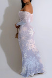 Gray Pink Sexy Floral Print Contrast Off Shoulder One Step Skirt Dresses