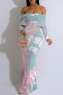 Baby Blue Sexy Floral Print Contrast Off Shoulder One Step Skirt Dresses