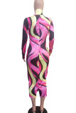 Purple Elegant Print Patchwork Half A Turtleneck Wrapped Skirt Dresses