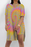 Yellow Purple Casual Street Tie Dye Print Slit Contrast V Neck Short Sleeve Two Pieces
