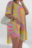 Yellow Purple Casual Street Tie Dye Print Slit Contrast V Neck Short Sleeve Two Pieces
