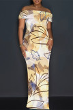 Green Yellow Sexy Striped Print Slit Contrast Off Shoulder Printed Dresses