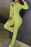 Green Casual Solid Color Buttons Turndown Collar Long Sleeve Two Pieces