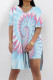 Light Blue Casual Street Tie Dye Print Slit Contrast V Neck Short Sleeve Two Pieces